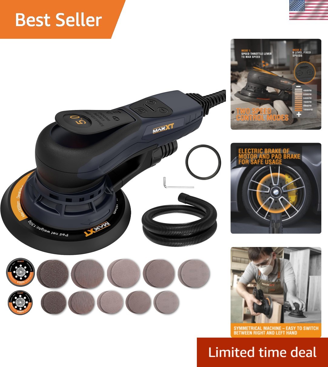 MAXXT 0.197in Electric Orbital Sander with 5 & 6-inch Pads for Precision Sanding