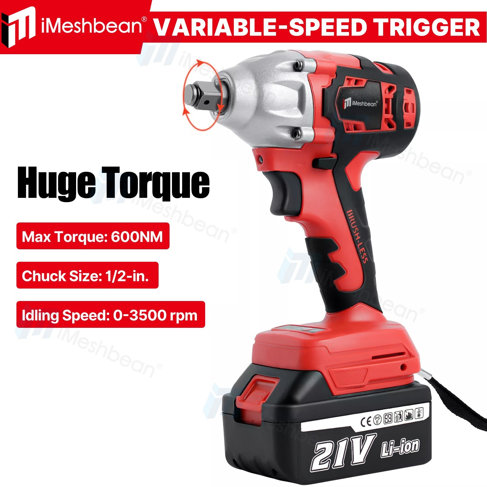 Cordless Impact Wrench 1/2&Prime; High Torque Brushless 20V Drill Driver Tool+2Battery