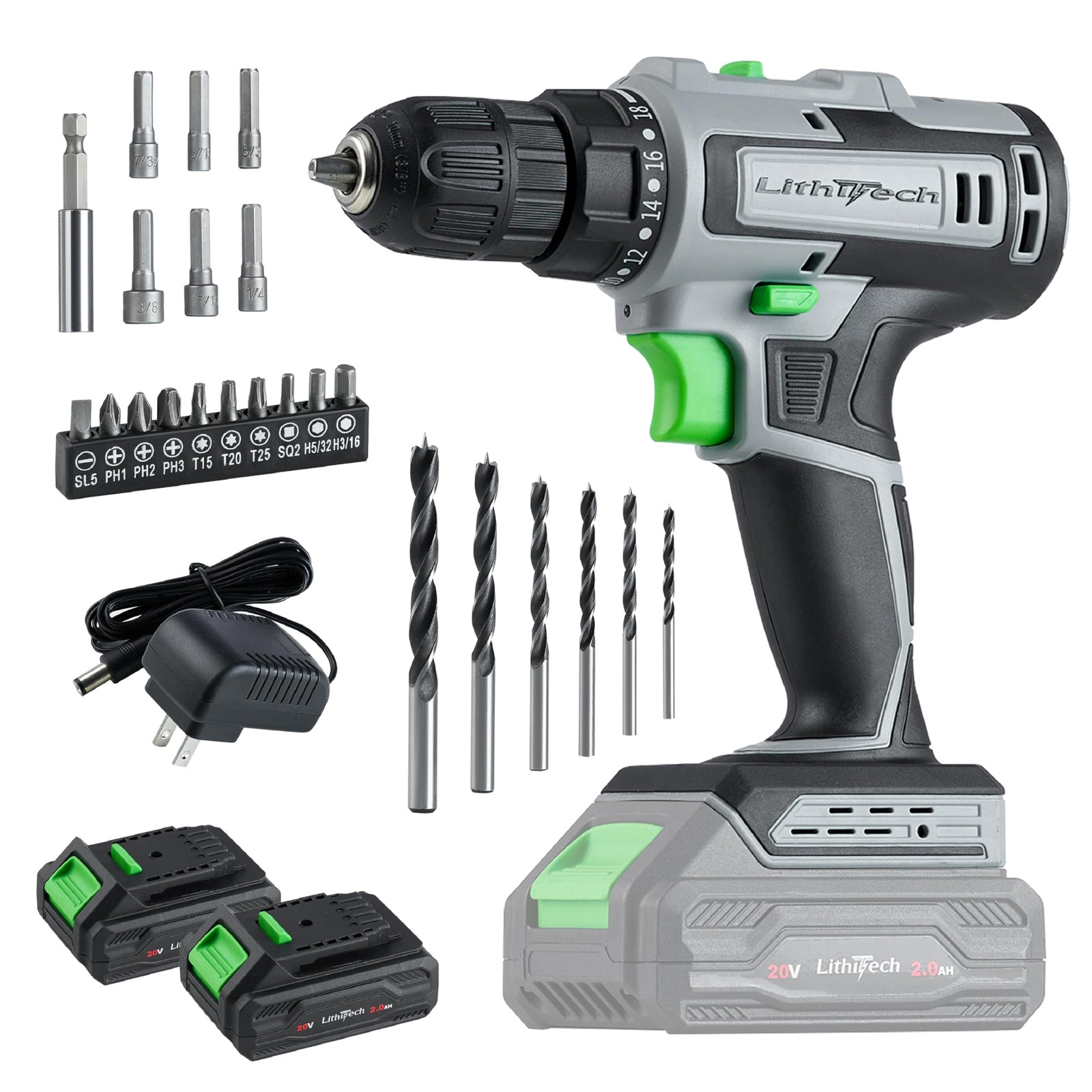 Lithitech Cordless Drill Set 20V 2 Batteries 3/8-Inch Keyless Chuck Electric Pow