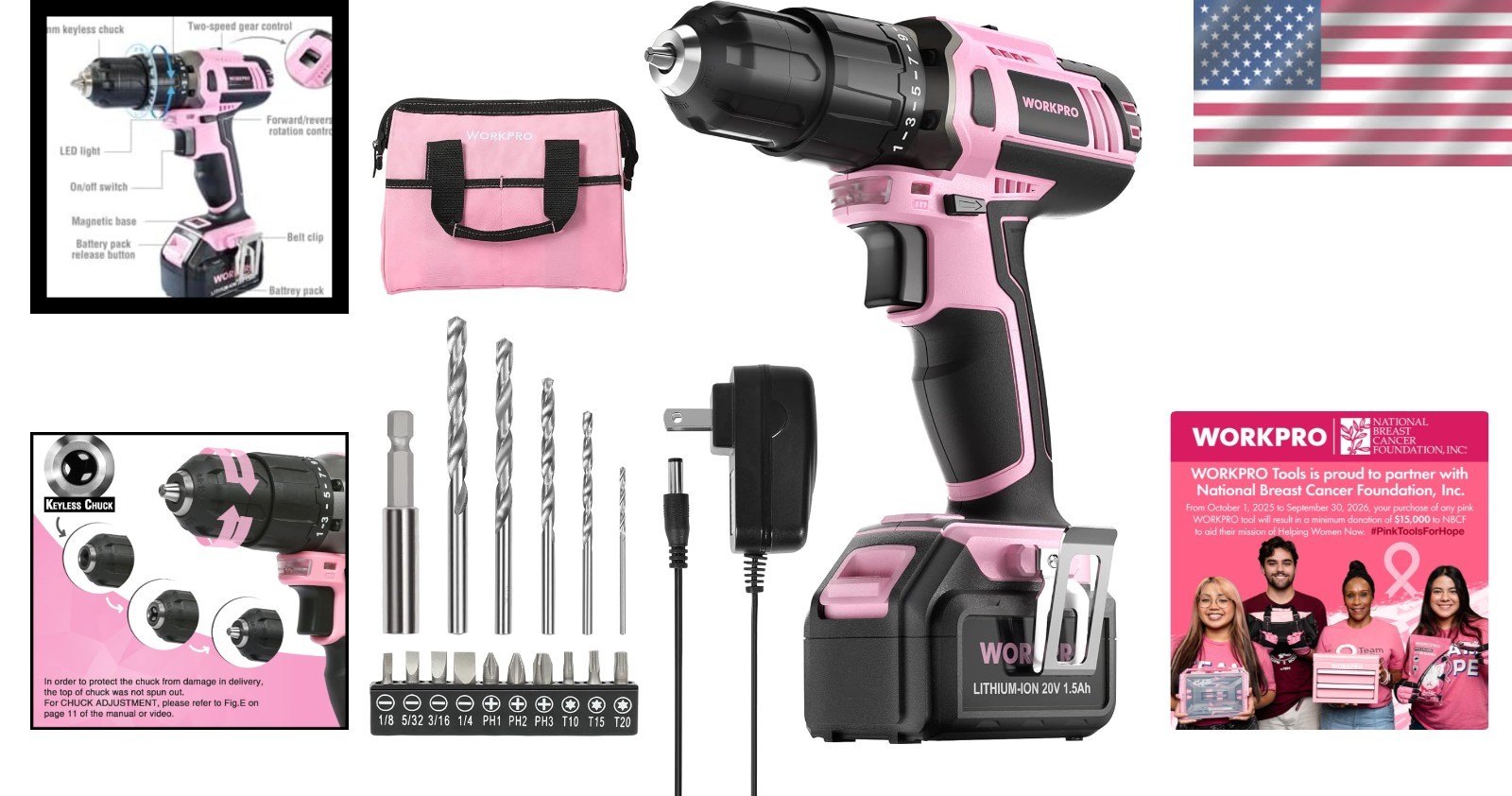 Cordless Drill Driver Kit – Pink, 20V Battery Included