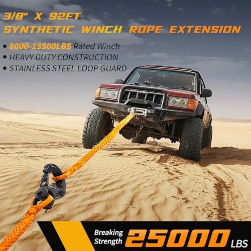3/8 Inch x 92 Feet Synthetic Winch Rope Extension 26,500 Lbs for Off Road