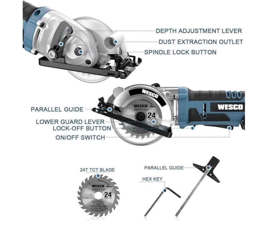 Wesco 20V 3-3/8&Prime; Cordless Mini Circular Saw with 2.0Ah Battery and Fast Charger