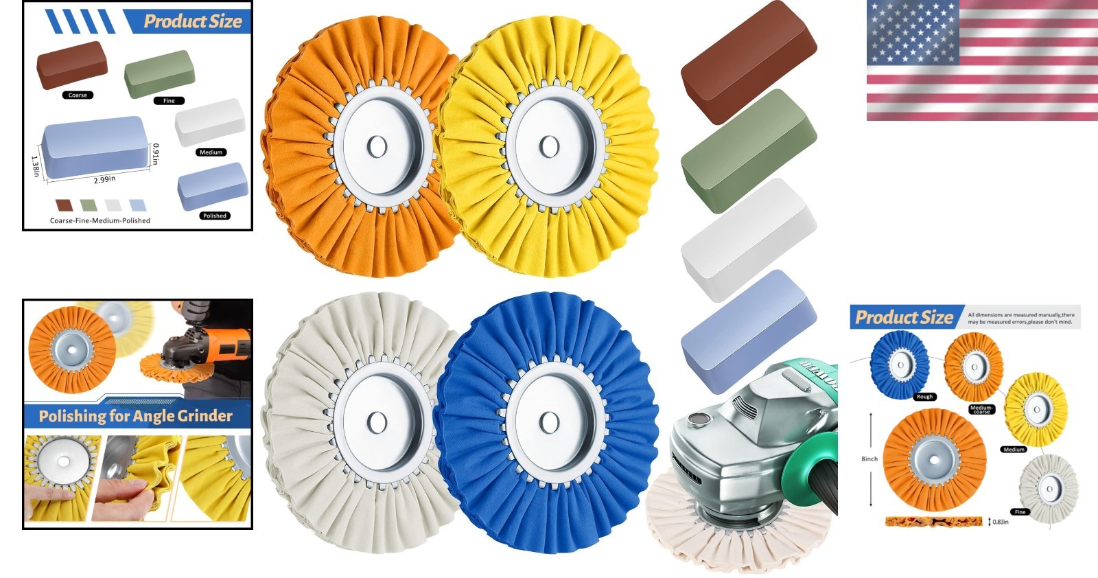 8&Prime; Aluminum Polishing Wheel Set – 9 Pcs with Safety Flange & Grit Types