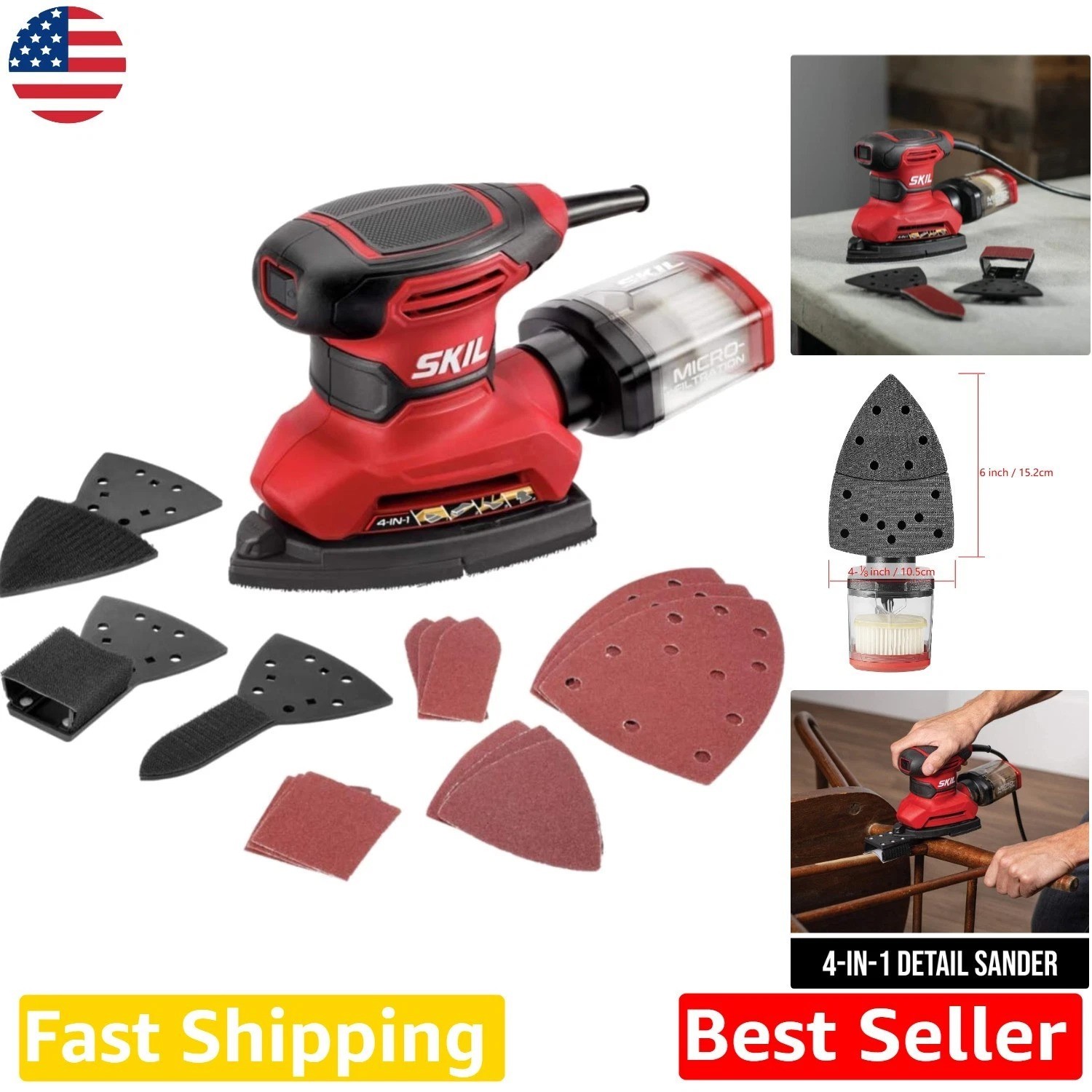 Pro Detail Sander, Corded Electric 120V, 1.2A, 3 Attachments, Dust Box