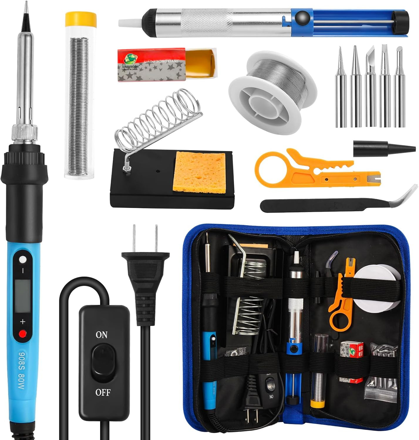 80W Adjustable Temperature Soldering Iron Kit with 14 Tools for Electronics