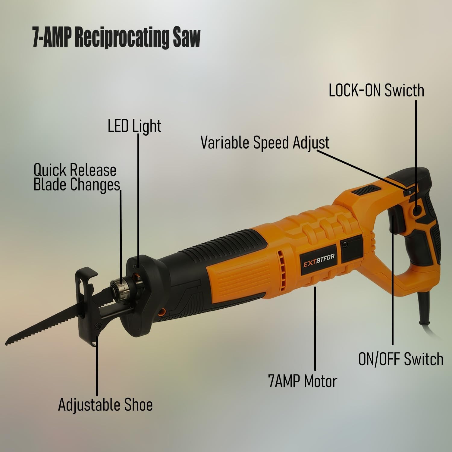 7Amp Reciprocating Saw Variable Speed 1-1/10&Prime; Stroke 5 Blades for Wood Metal PVC