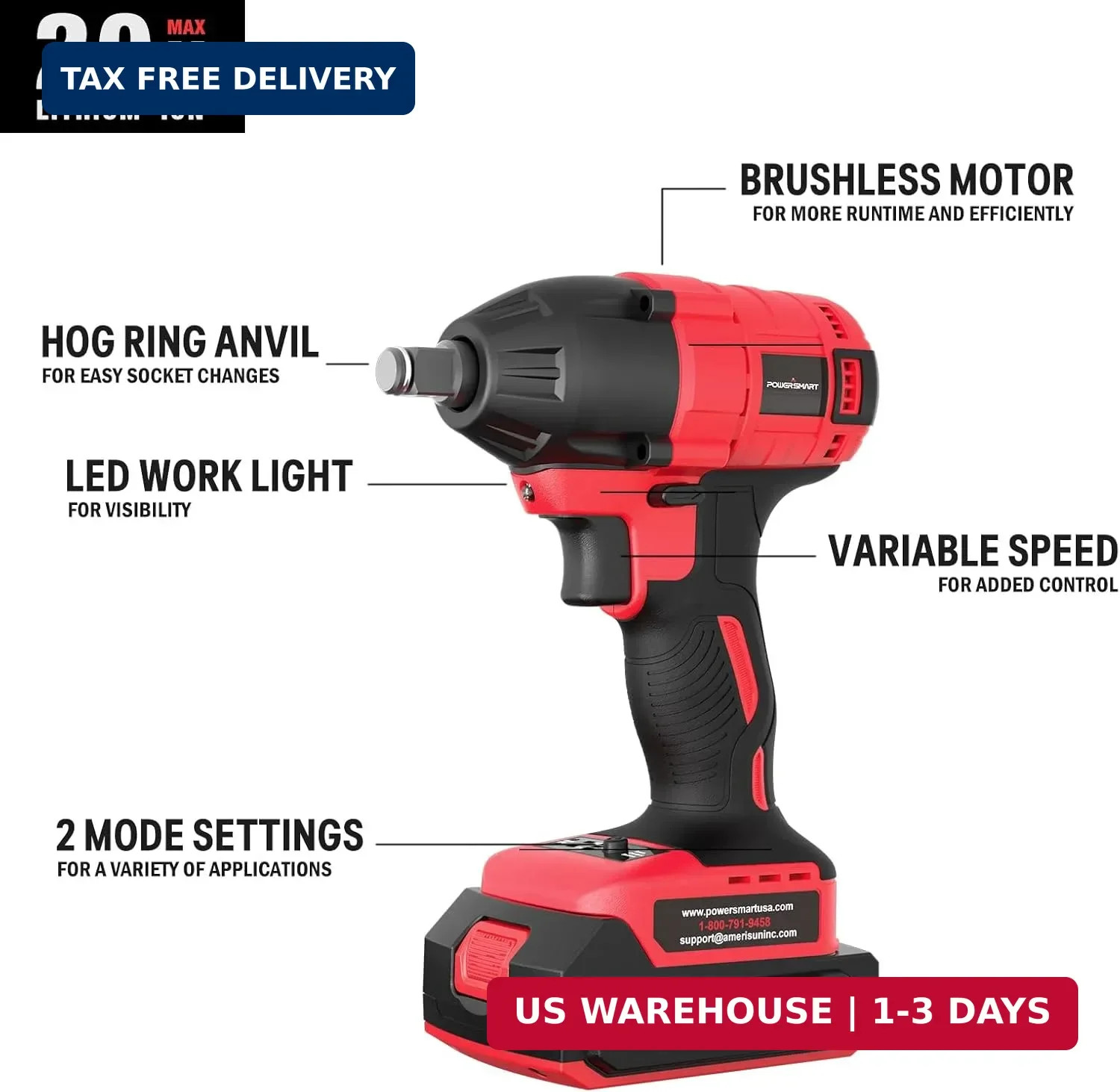 PowerSmart Cordless Impact Wrench 1/2 Inch, Brushless Impact Gun Kit for Car RV