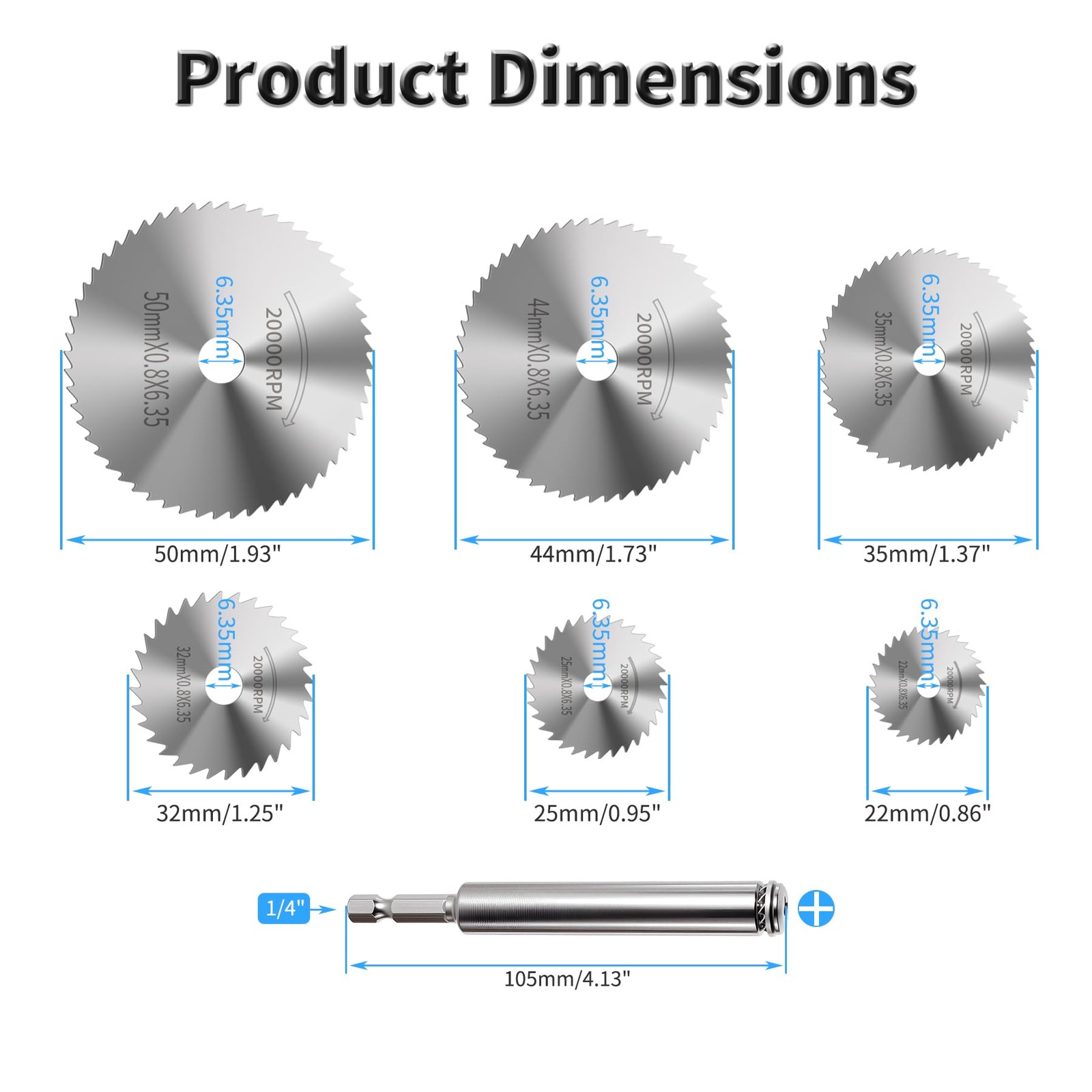 FOCMKEAS 7 Pcs HSS Saw Blades Cutting Wheel Set, 6.35mm Extended Mandrel