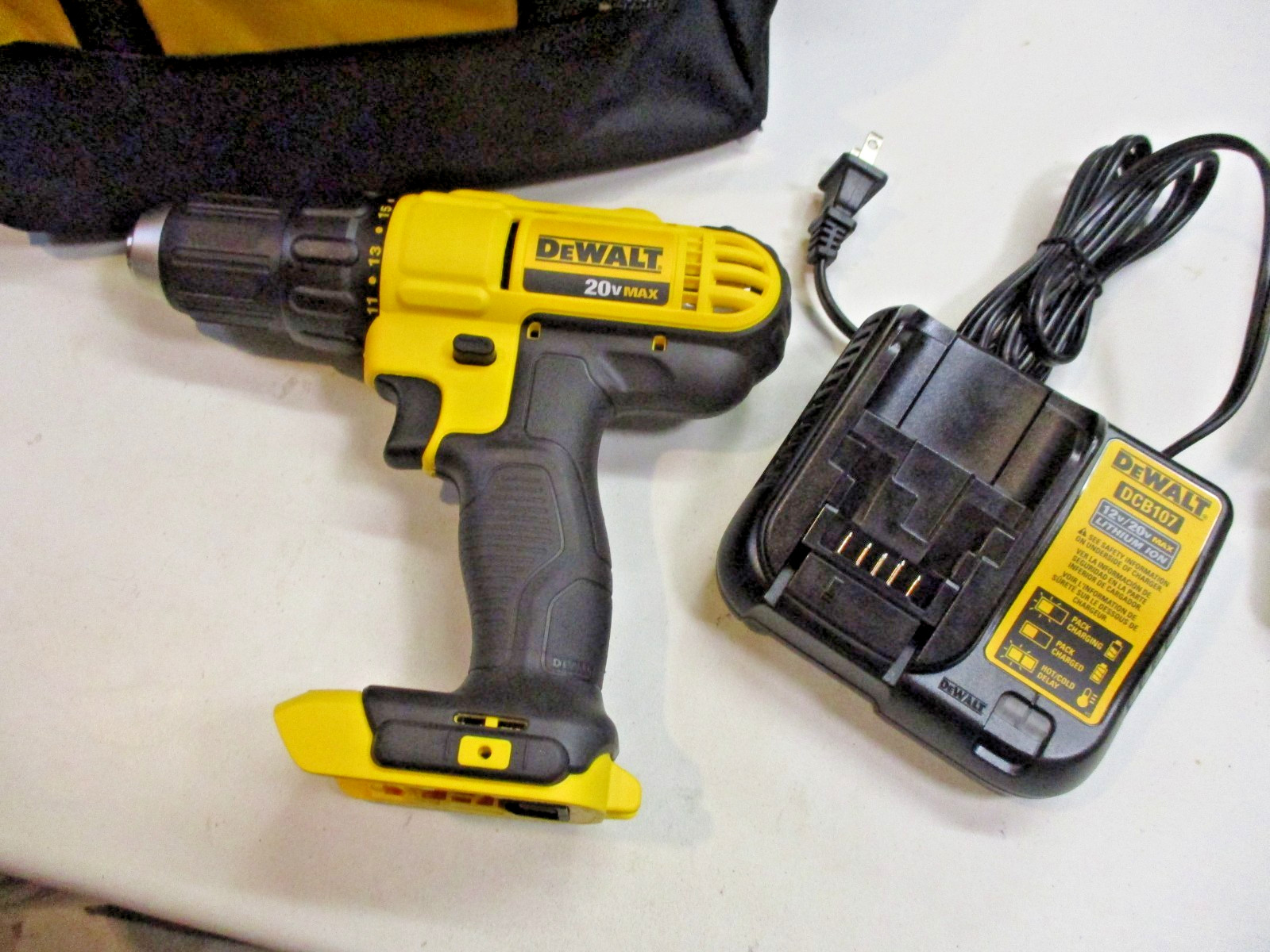DEWALT DCD771 1/2&Prime; Drill Driver Yellow (Tool Only) With DCB107 Charger & Bag
