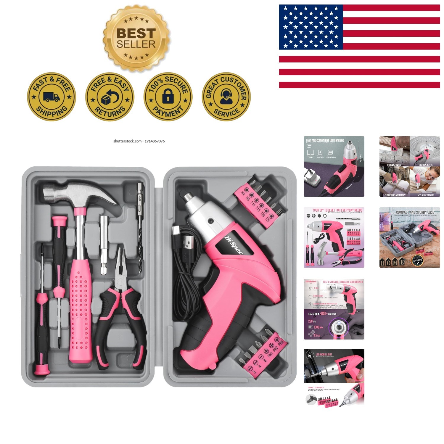 Fast 220 RPM Cordless Screwdriver & Tool Kit in Chic Pink – Housewarming Gift