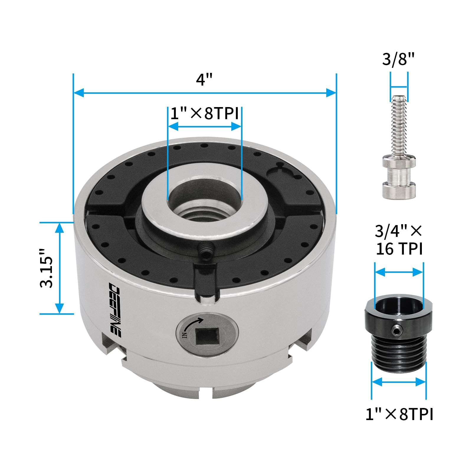 DEEFIINE 4 Inch Wood Lathe Chuck Set 1&Prime; x 8TPI Thread & 4 Jaw