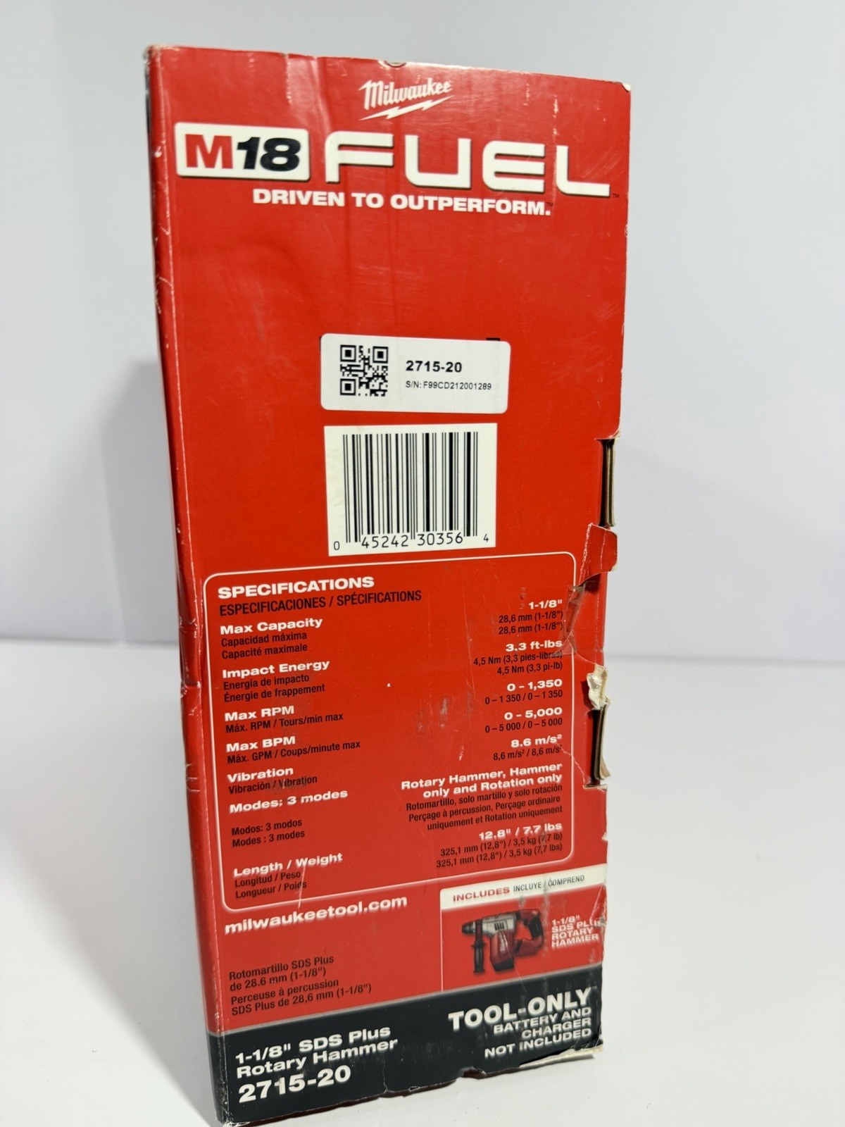 Milwaukee 2715-20 M18 18 Volt FUEL™ 1&Prime; SDS Plus Rotary Hammer, Bare