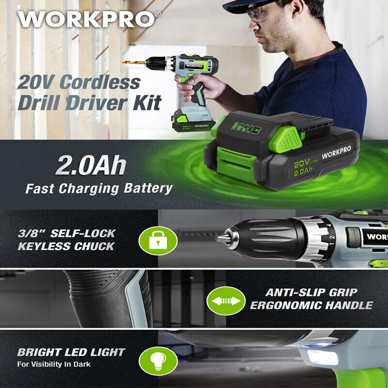 WORKPRO 20V Cordless Drill/Driver Kit 3/8&Prime; 18+2 Torque Setting Variable Speed US