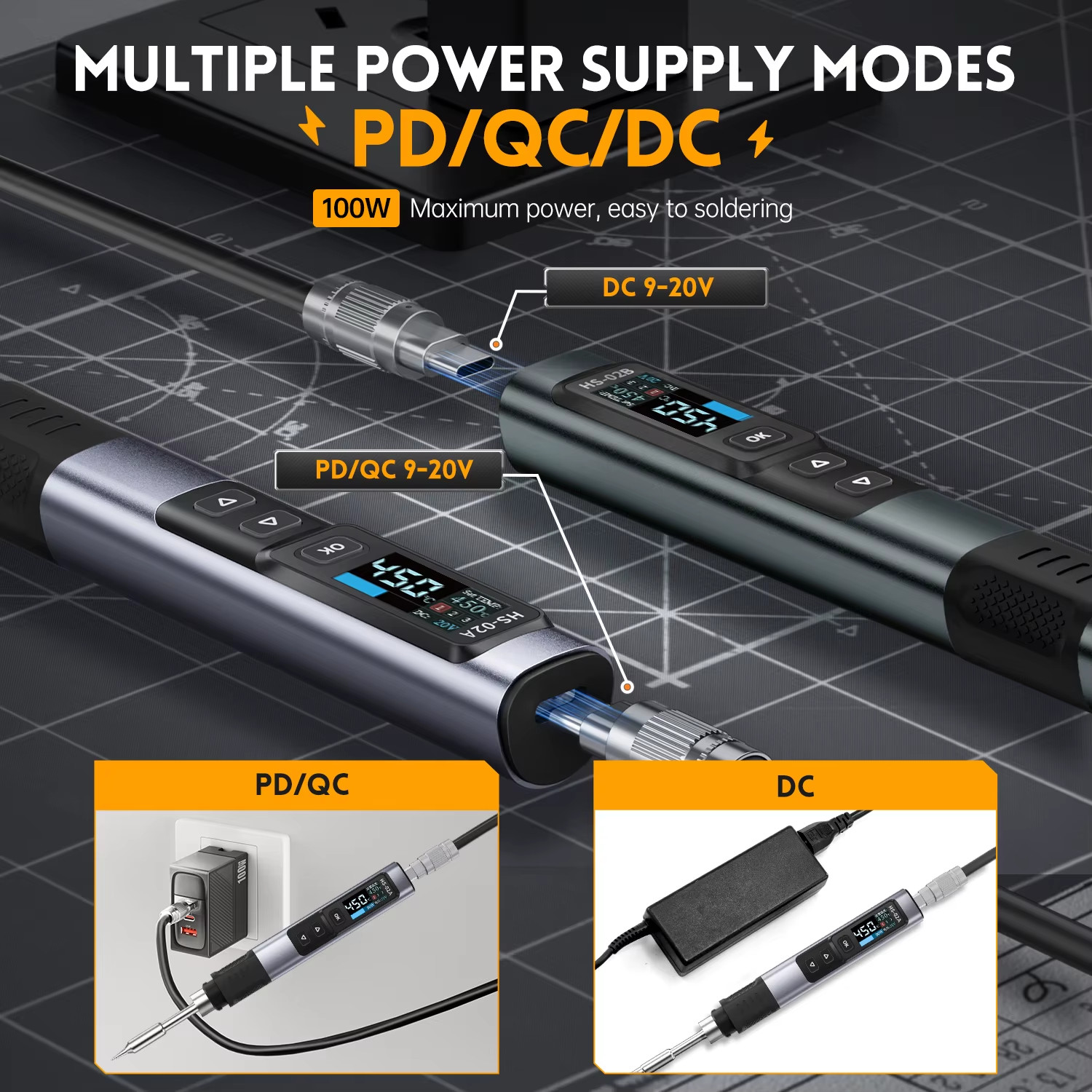 HS-02 Adjustable Temperature Soldering Iron DC 20V 100-450℃ Welding Solder Rewor