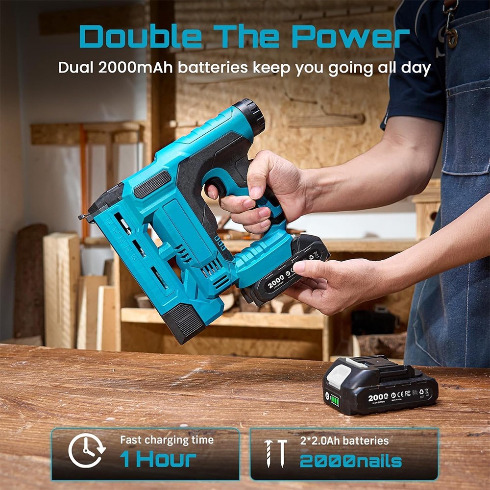 2-in-1 Electric 18 Gauge Cordless Adjustable Brad Nailer and Stapler Nail Gun