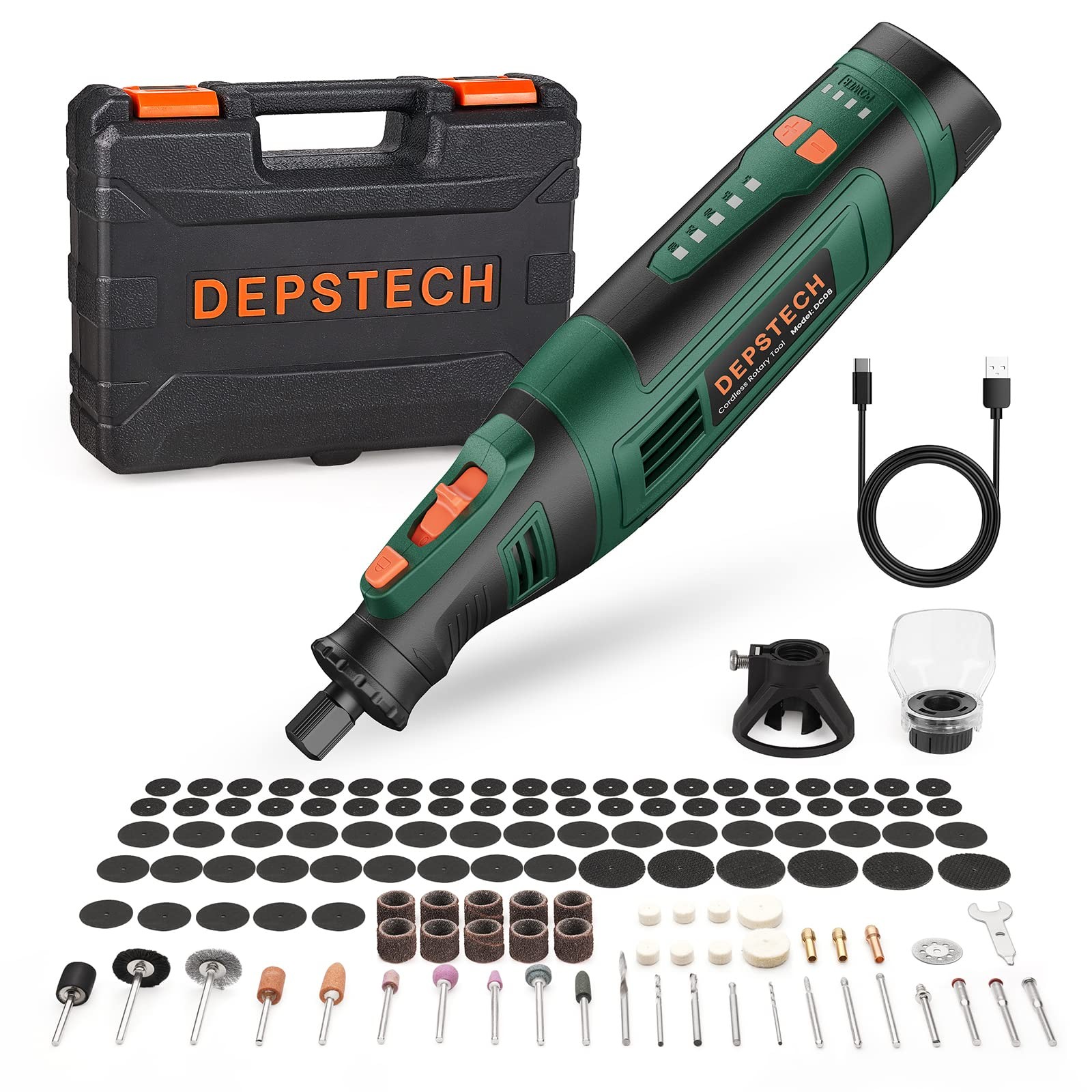 DEPSTECH 8V Cordless Rotary Tool Kit 127PCS Variable Speed 30000RPM Green