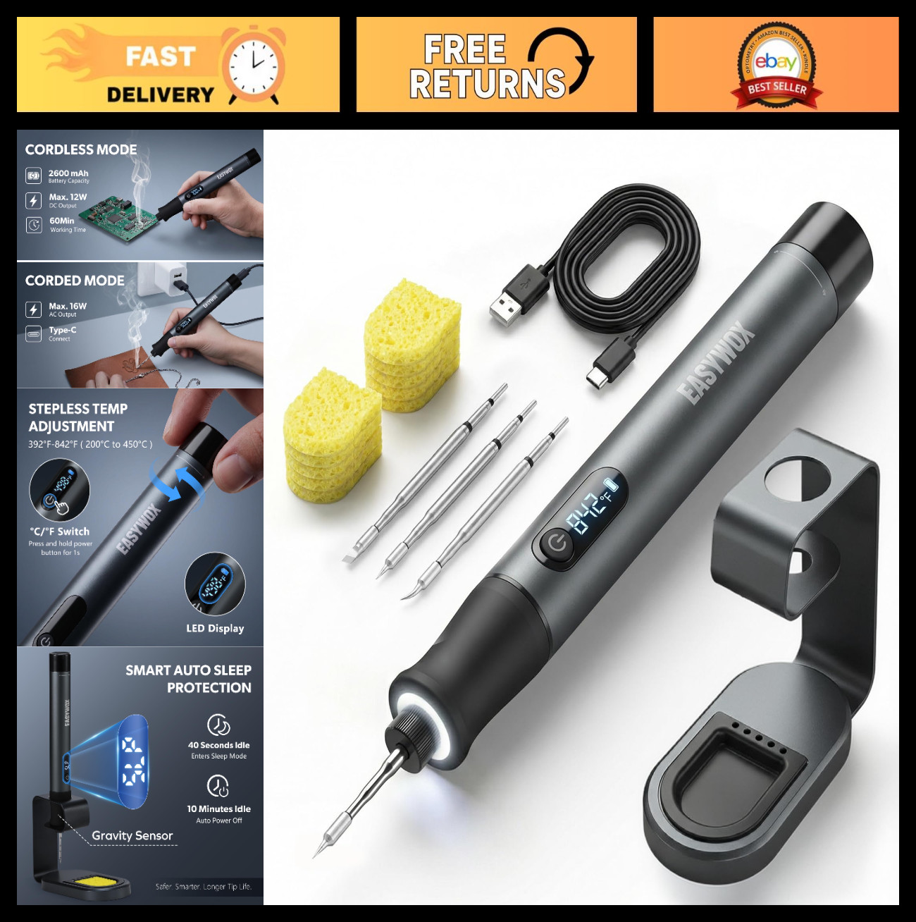 Portable Cordless Soldering Iron Kit w/LED Light, Fast Heating 392°F-842°F, Auto