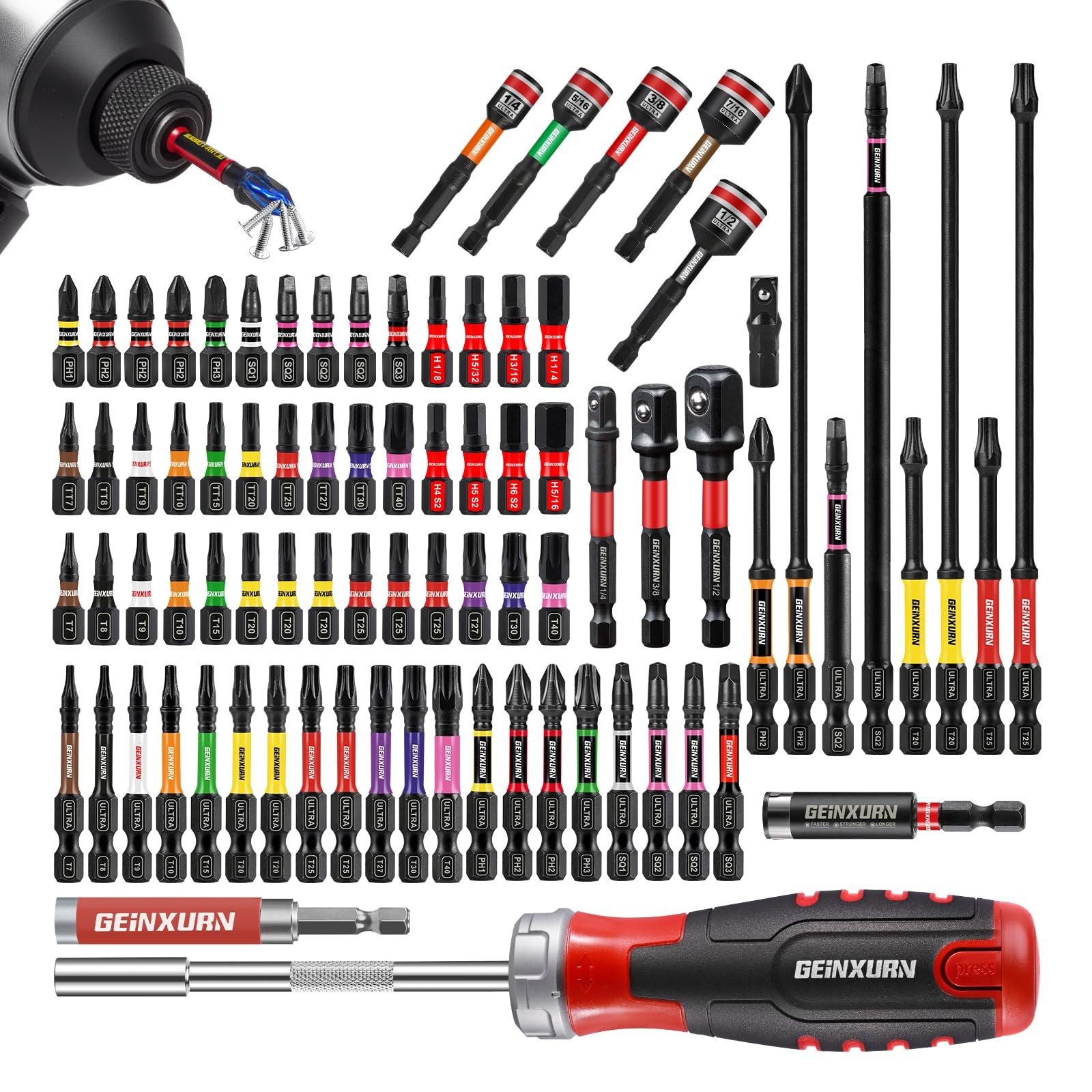 Geinxurn Impact Screwdriver Bits Set, Magnetic S2 Steel Mixed-82Pcs-B