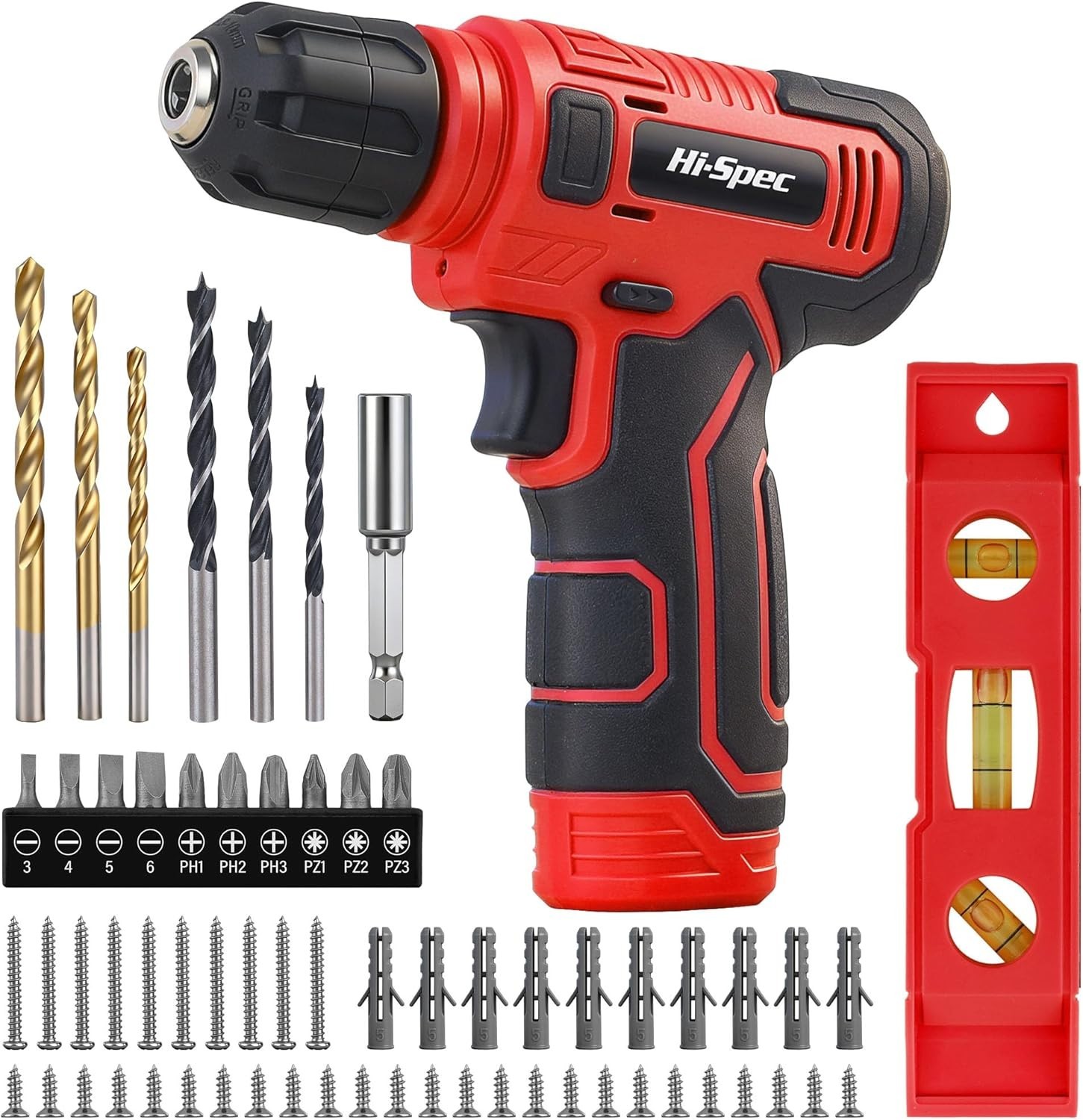Hi-Spec 8V Cordless Drill Driver Kit USB Rechargeable DIY Bit Set Red