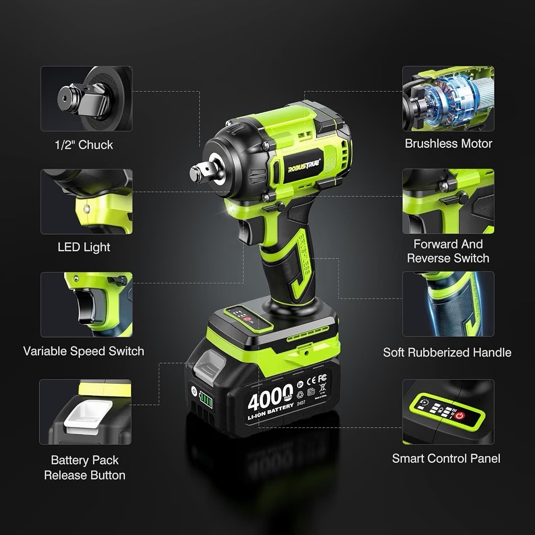Robustrue Cordless Impact Wrench, 590Ft-lbs (800N.m) Brushless 1/2 inch, 2800RPM