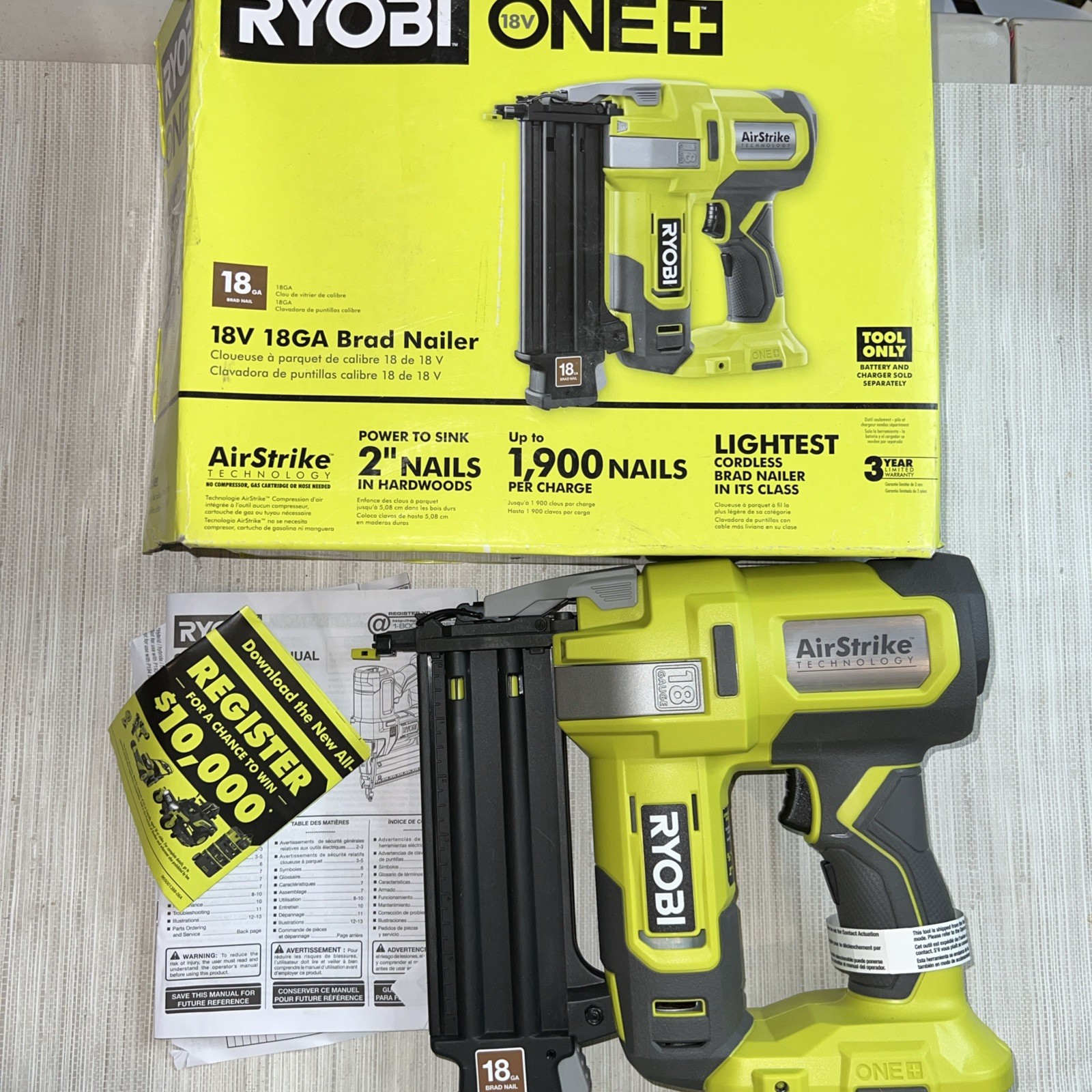 RYOBI ONE+ 18V 18-Gauge Cordless AirStrike Brad Nailer (Tool Only)