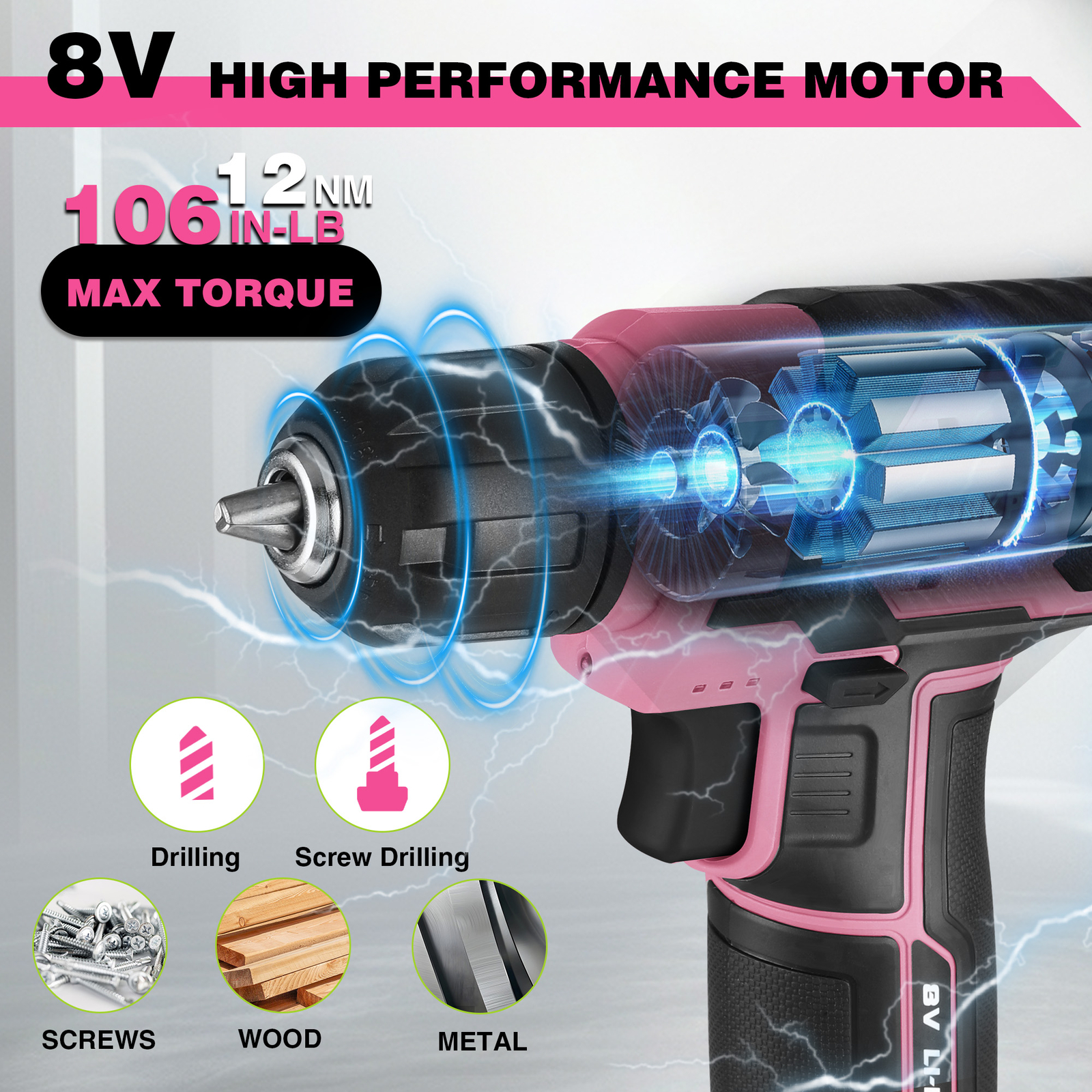 WORKPRO Pink Power Drill 8V Cordless Drill Kit with 53pcs Bit Set 2.0Ah Battery