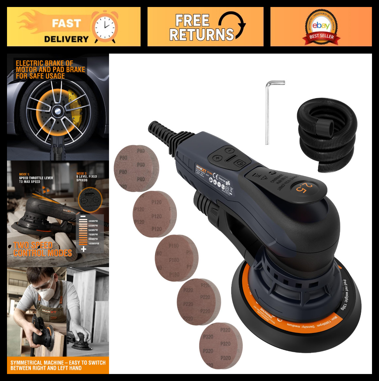 2.5mm Electric Random Orbital Sander, 350W Variable Speed, 10 Sanding Papers, Wo
