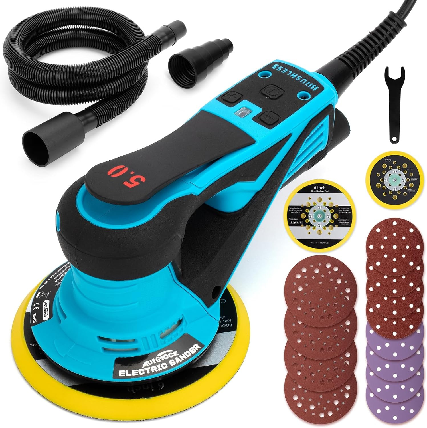 Electric Random Orbital Sander, 350W Brushless Motor with 5 & 6 Inch Pads, 10000
