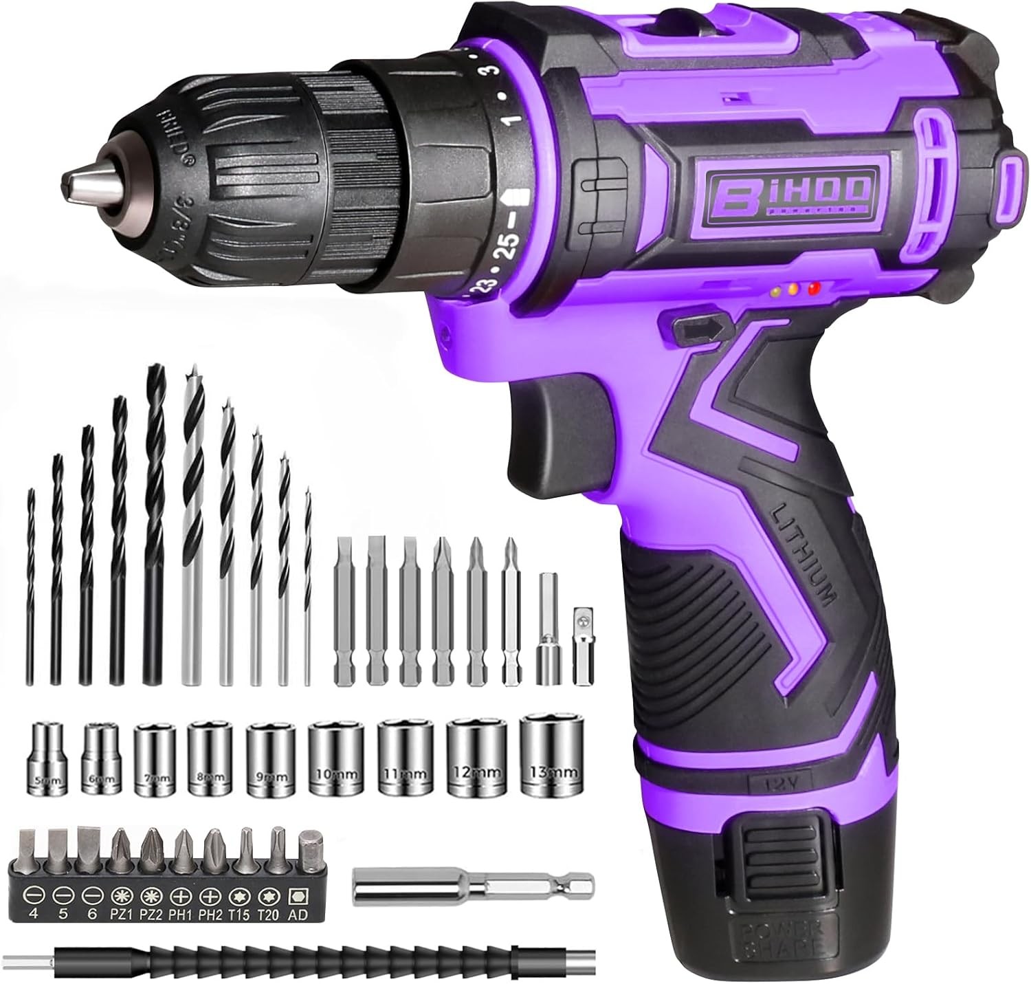 Purple 12V Cordless Drill,Electric Power Driver Kit,3/8-Inch Keyless Chuck, Vari