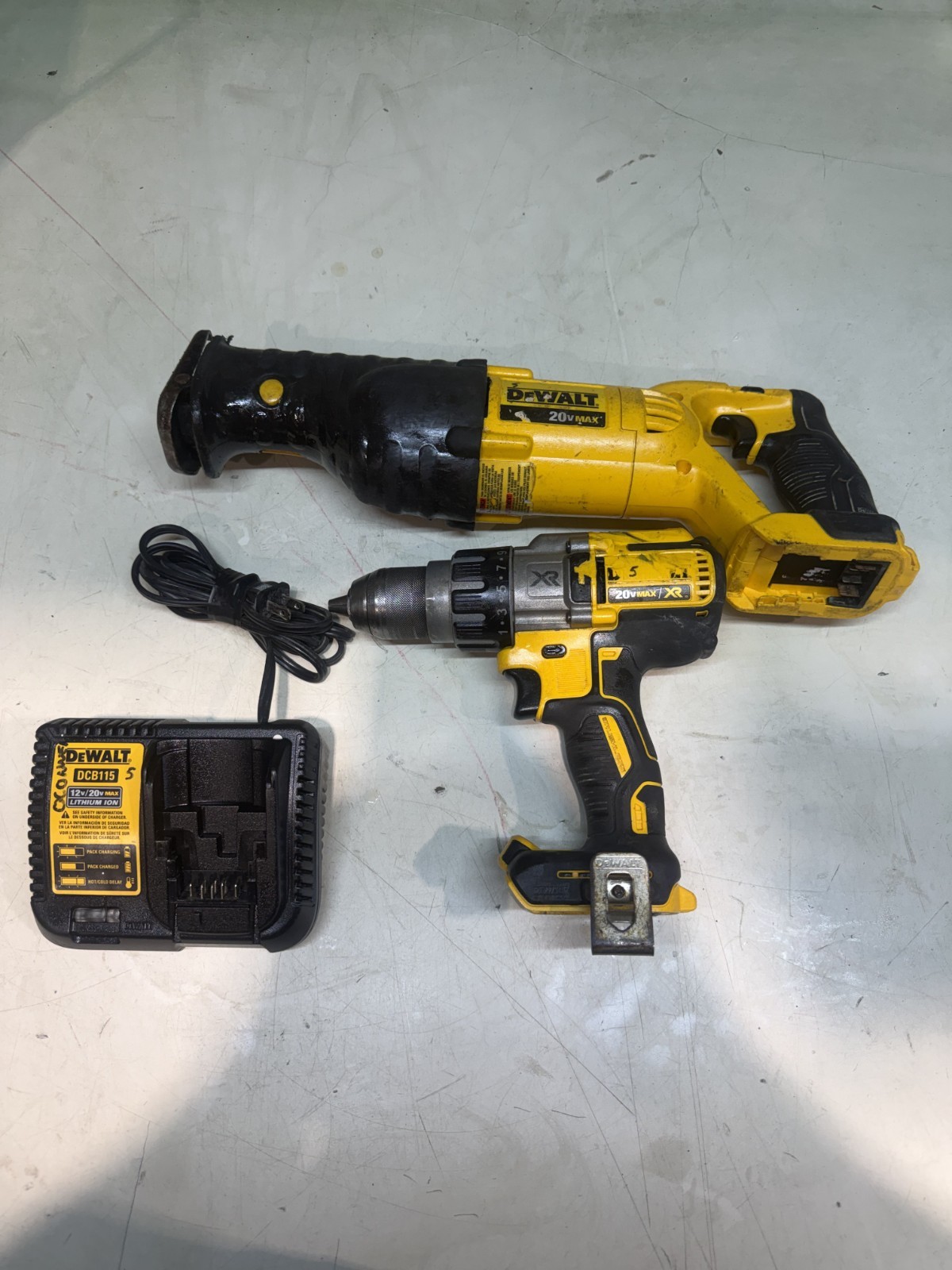 DEWALT DCS380 20V Cordless Reciprocating Saw, DCD996 Hammer drill, DCB115 Char