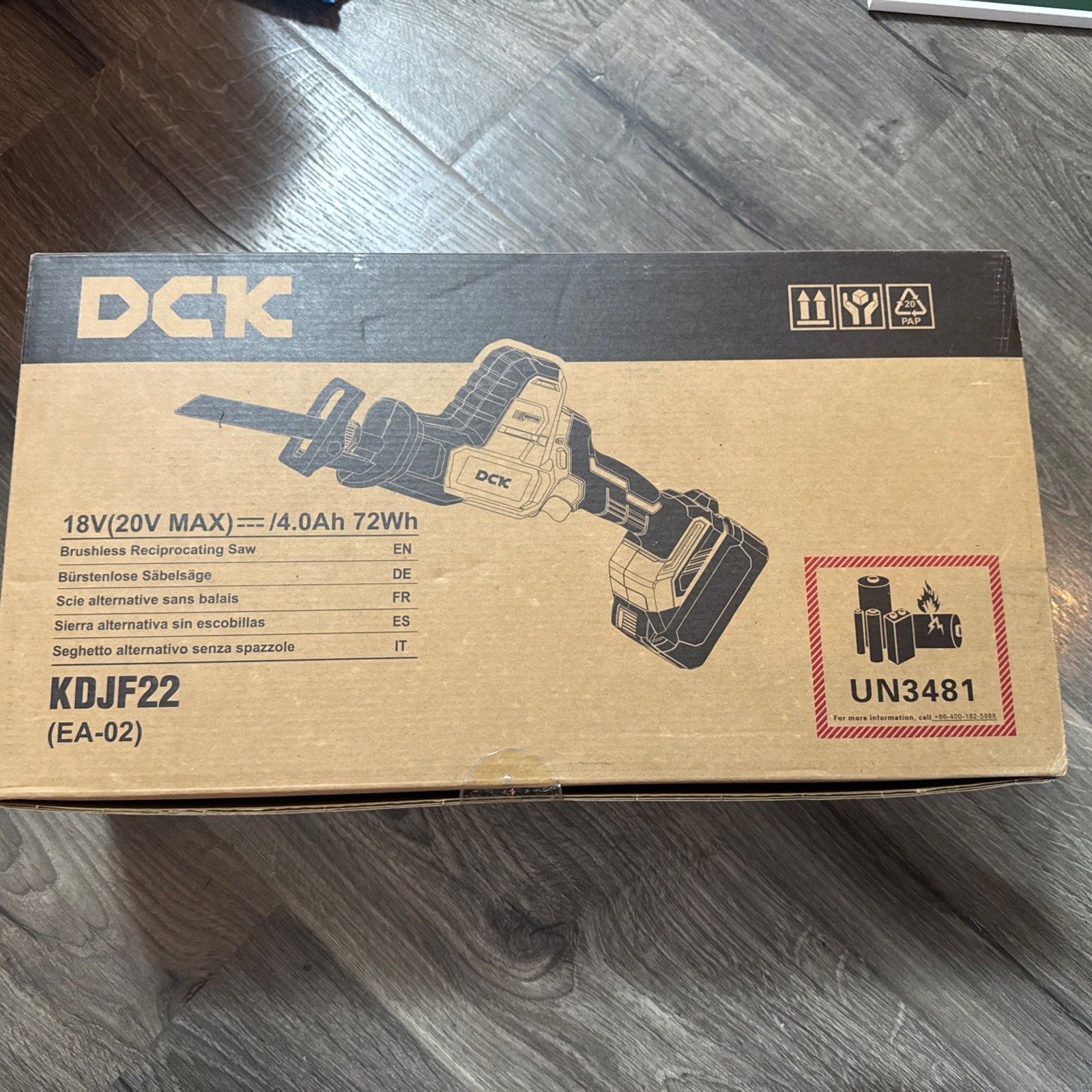 DCK 18V Red cordless reciprocating saw, 4 blades, Carry Bag, battery & Charger