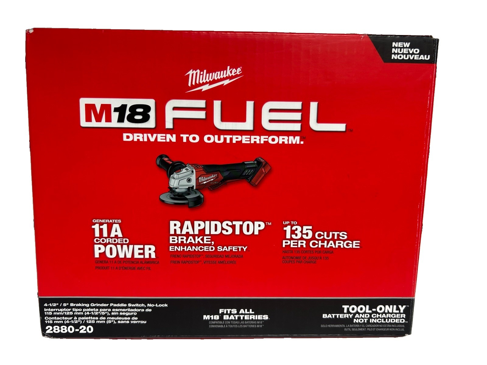 Milwaukee M18 FUEL 4 1/2&Prime; / 5&Prime; 18V Cordless Angle Grinder, No-Lock – 2880-20