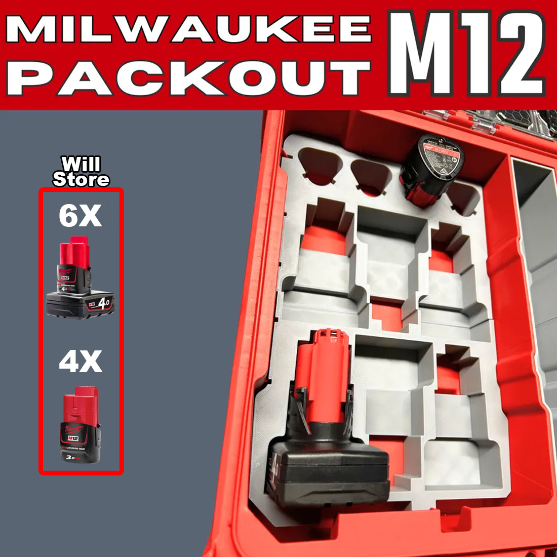Milwaukee Packout Insert – M12 Impact & Drill – 12x M12 Batteries