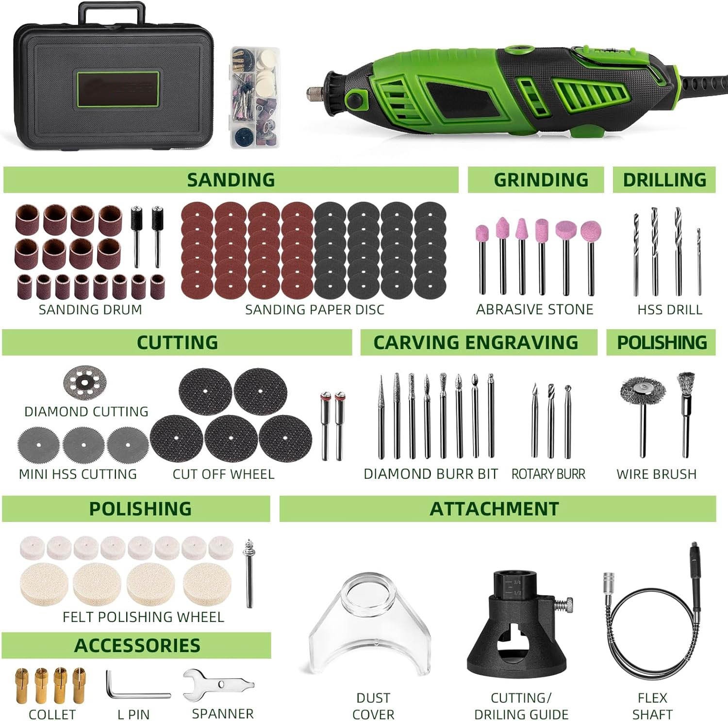 Kit de herramientas rotativas de 180 W, 1.5 A, 6 velocidades variables con eje