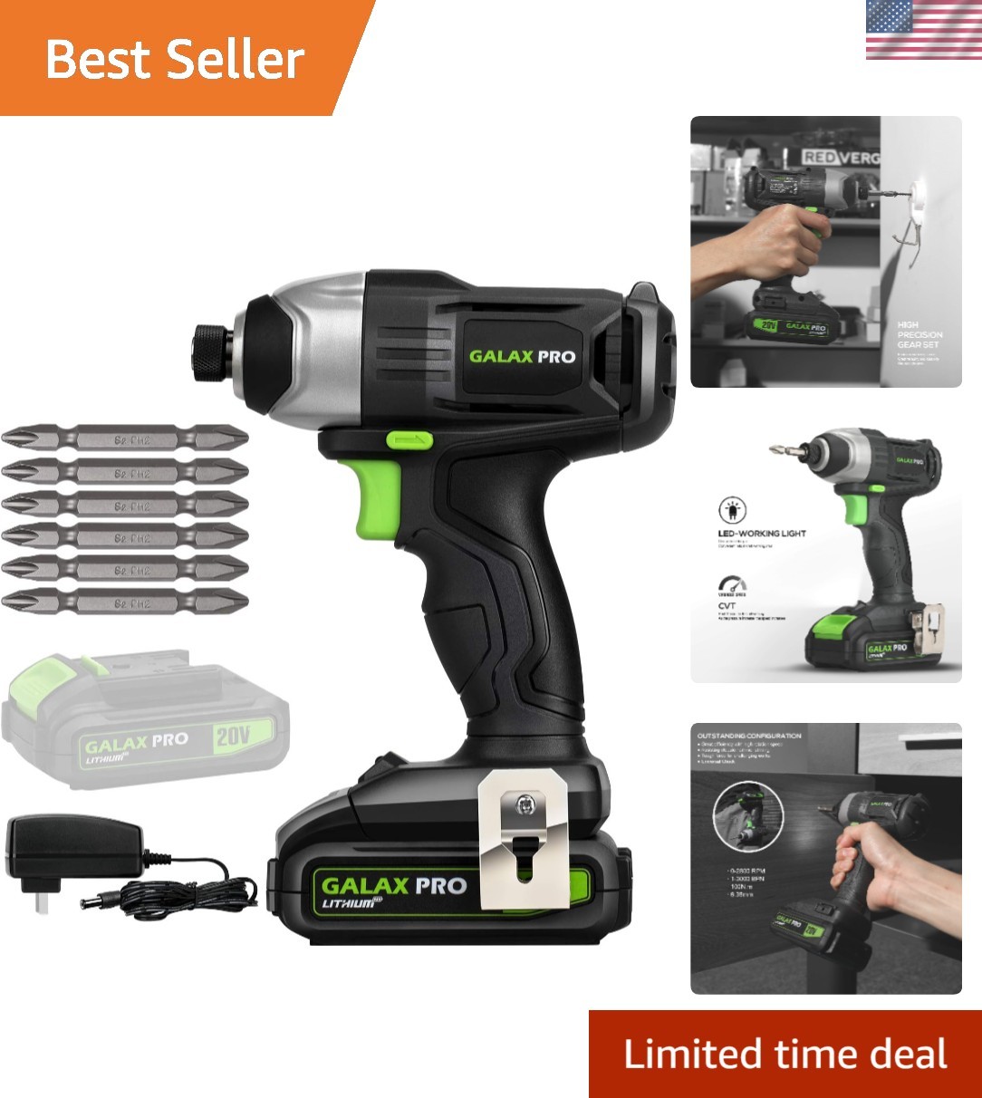 Ergonomic 20V Impact Driver with Quick Change Bits & Built-in LED Work Light