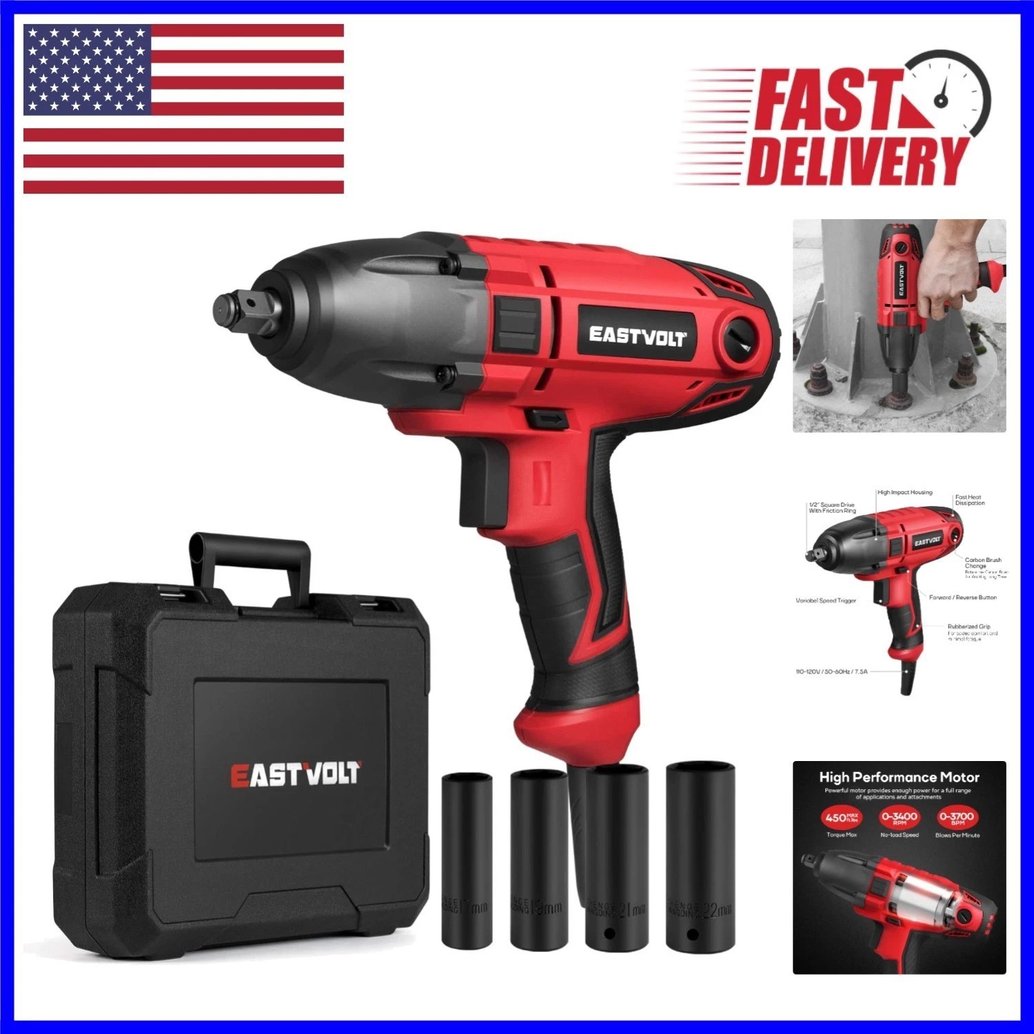 Efficient Electric Impact Wrench – 3400 RPM, 7.5A, and Heavy Duty Hog Ring Anvil