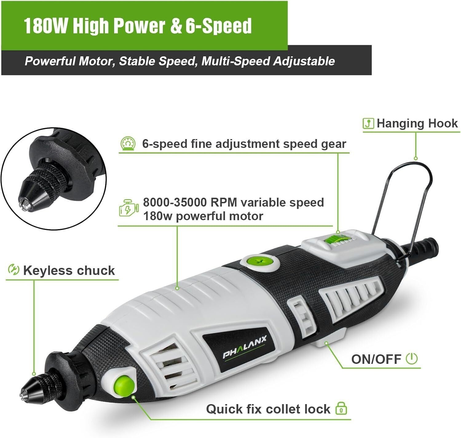 180W Rotary Tool Kit 1.5-Amp 6 Variable Speed W/ Flex Shaft 8000-35000RPM Rotary