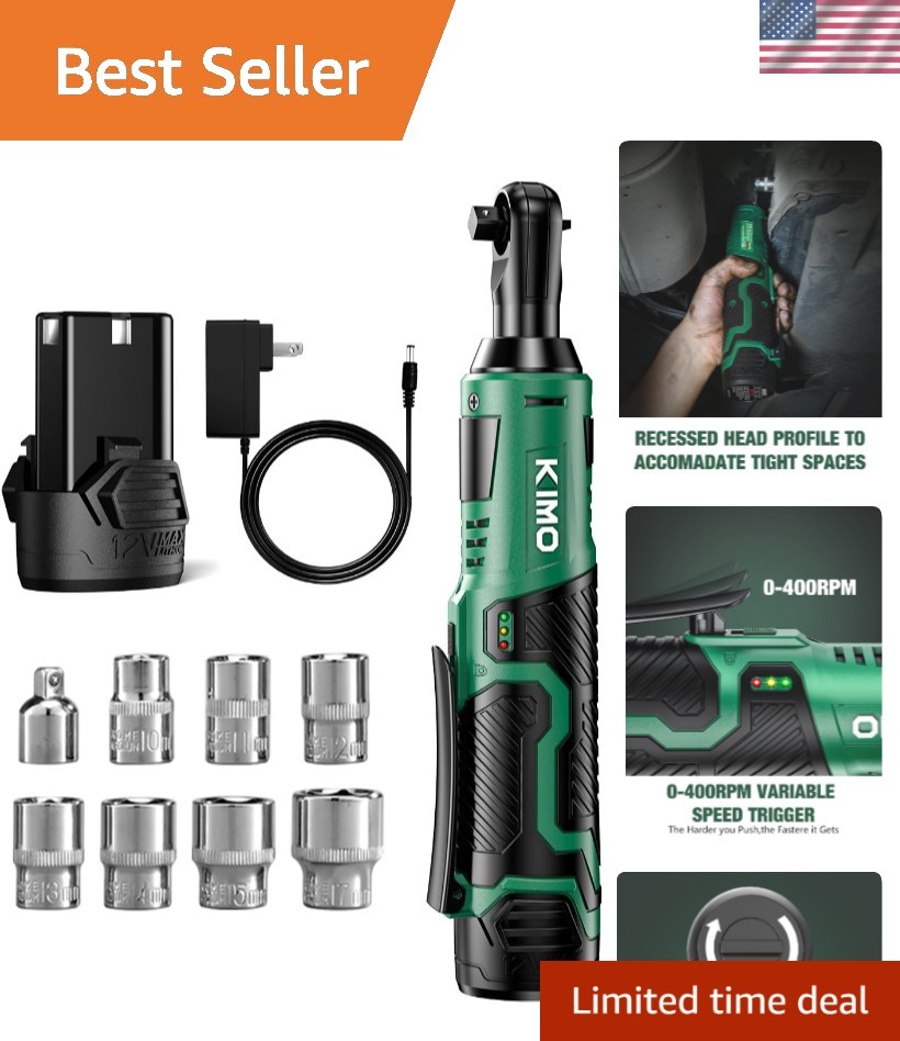 Lightweight KIMO Cordless Electric Ratchet Wrench, Fast Charger & Sockets