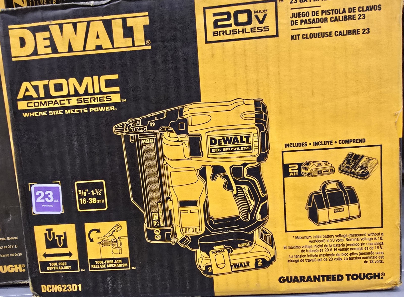 DeWALT DCN623D1 ATOMIC 20V COMPACT 23 GA Gauge PIN NAILER KIT W/ BATTERY & CHARG