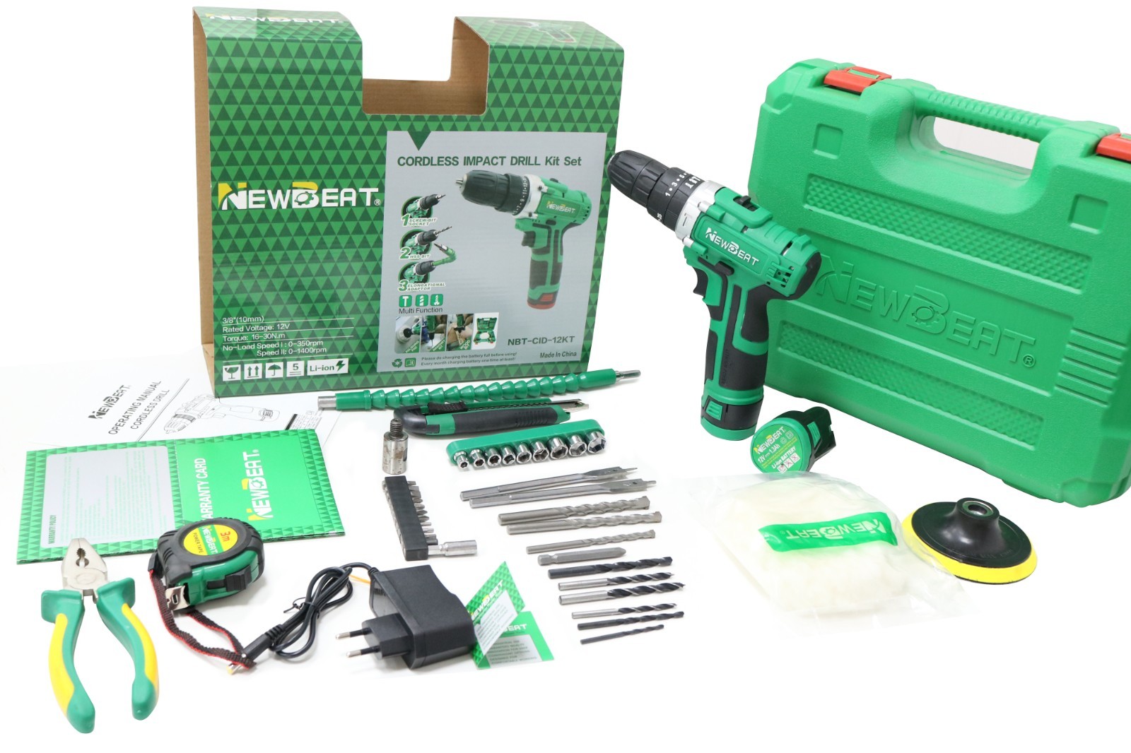 12V Cordless Impact Drill Kit 2 Batteries Hammer Function Pliers Knife Home Set