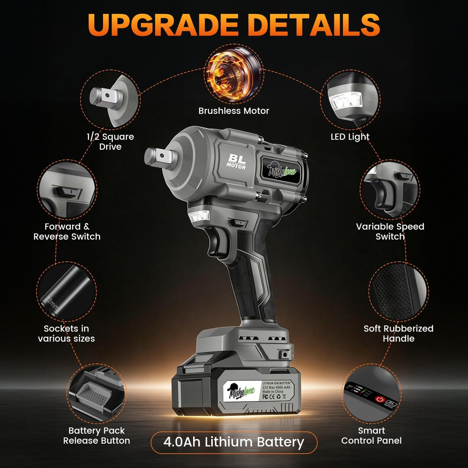 cordless impact wrench 1/2 inch,21V Brushless High Torque 1500N.m 1106ft-lbs