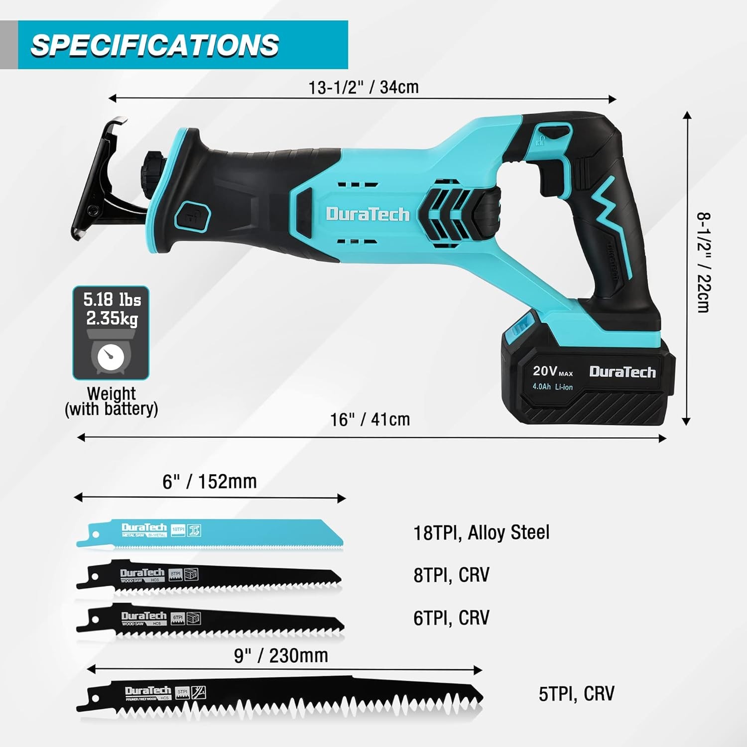 DURATECH Cordless Reciprocating Saw 20V 4.0Ah Battery 3000SPM 7/8&Prime; Stroke Length