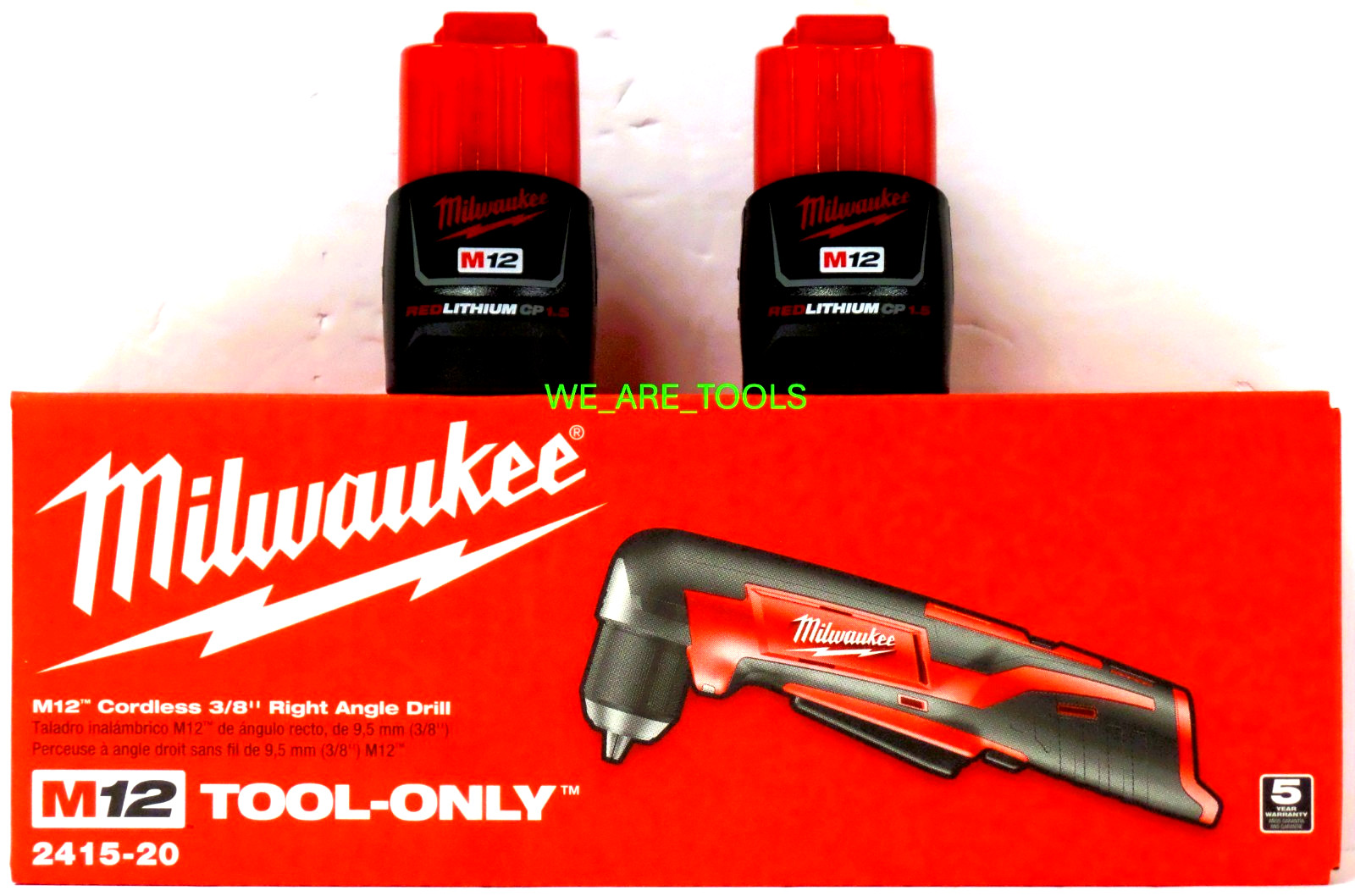 New In Box Milwaukee 2415-20 M12 3/8&Prime; Right Angle Drill, 2) 1.5 Ah Battery 12V