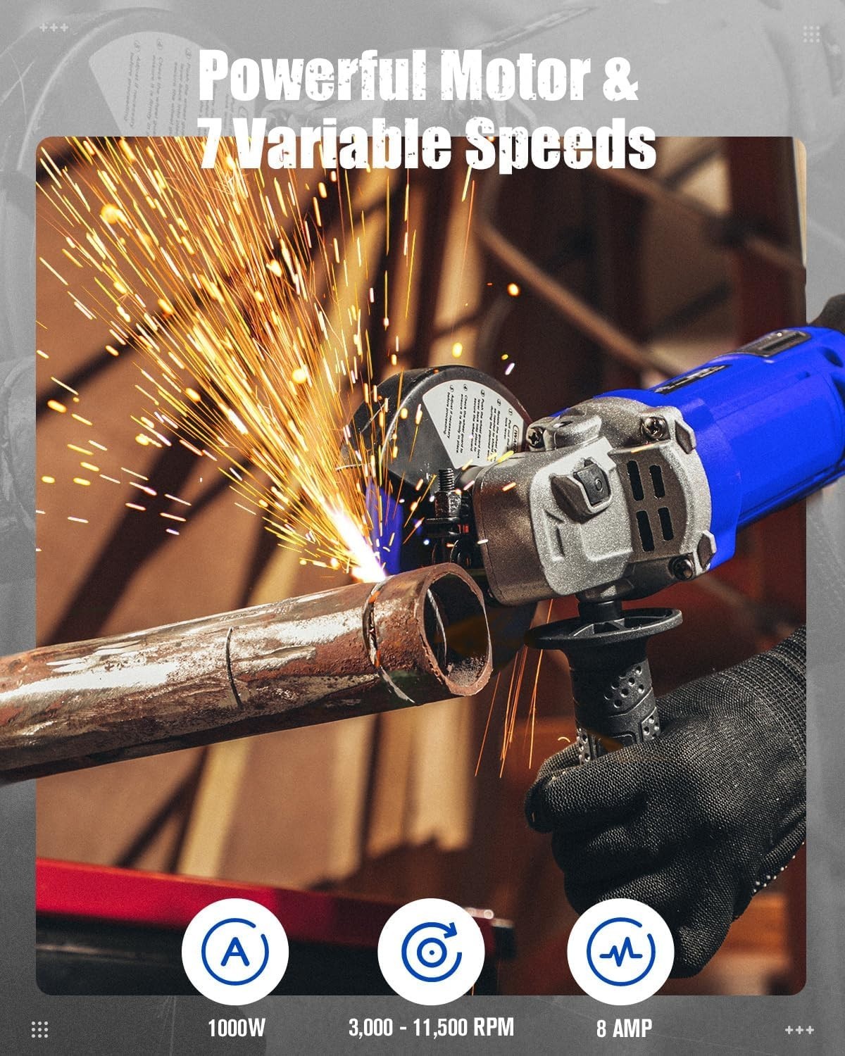 4-1/2 Inch 1000W Angle Grinder with Adjustable 7 Speeds & Safety Guard