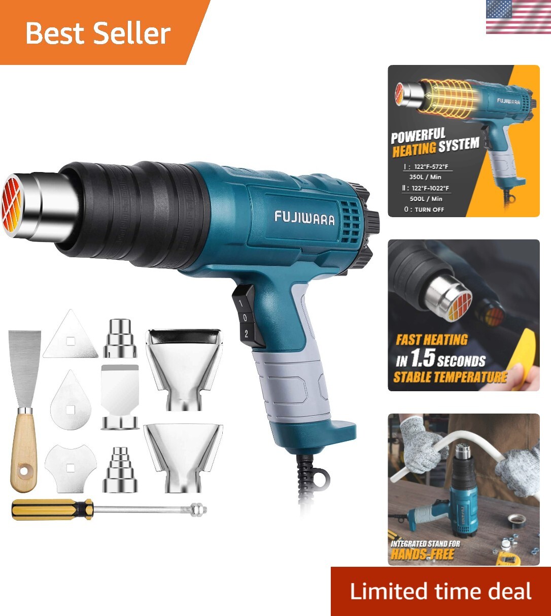 1500W Heat Gun Kit – Dual Temp 122°F-1022°F with 5 Nozzles for DIY & Paint St…