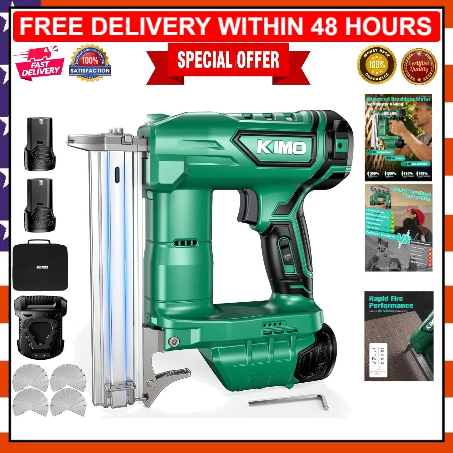 KIMO Cordless Nail Gun Kit – Rapid Firing, Safety Features & Low Noise Operation