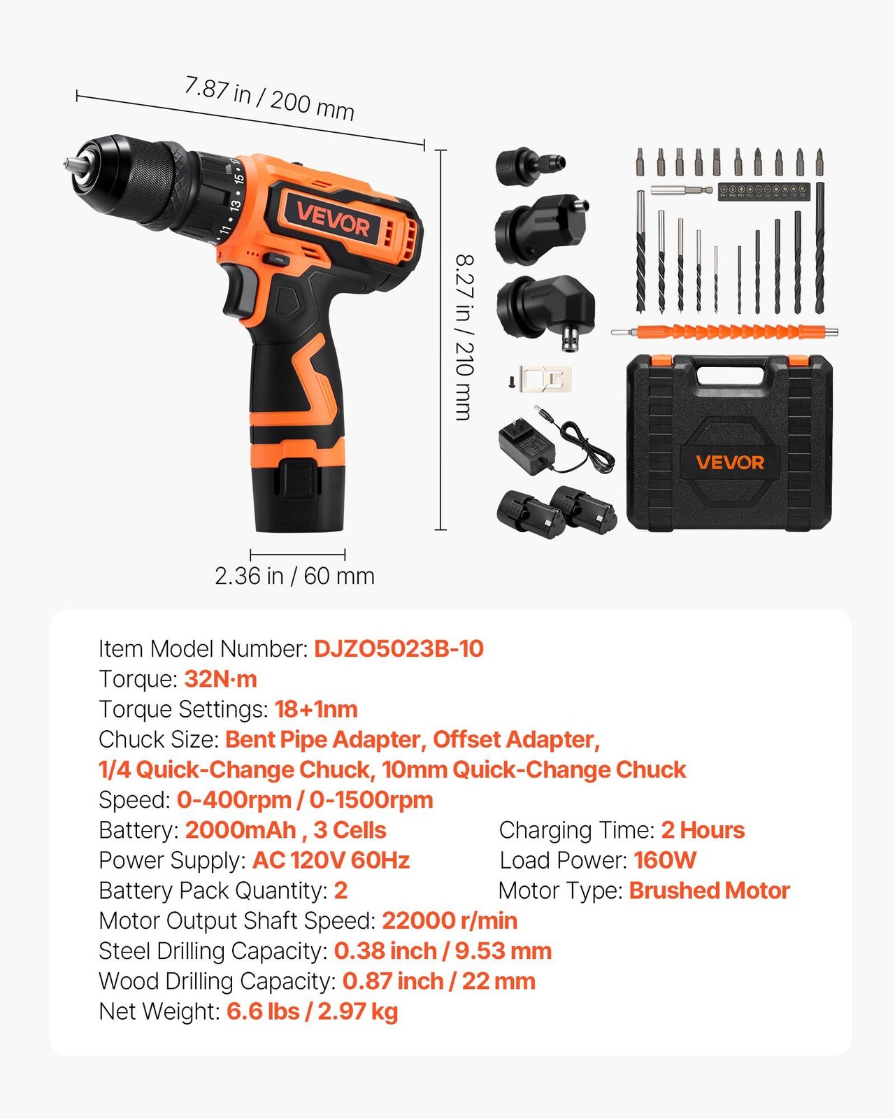 5-in-1 Drill Driver: 32N·m, 0-400/1500 RPM, 19-Torque, All-Metal Chuck