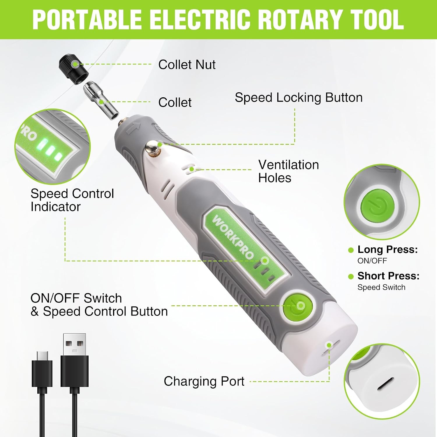 Cordless Rotary Tool Kit 71pc Accessories 3 Variable Speeds USB Powered