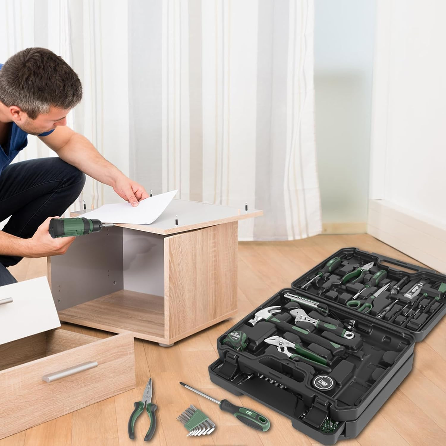 Prostormer Tool Set with 8V Cordless Drill, 369-Piece Home Tool Kit with Drill D