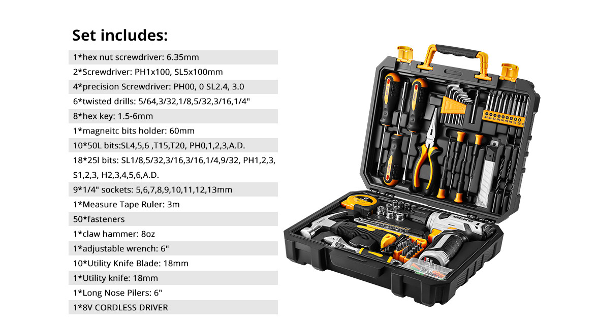 126 Pcs Power Tool Combo Kits with 8V Cordless Drill, 10MM 3/8 » SOCKET